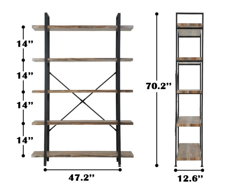 5-Tier Solid wood bookcase industrial Rustic Vintage Open Storage Bookshelf With Metal Frame For Home Office Study,70.5-inch