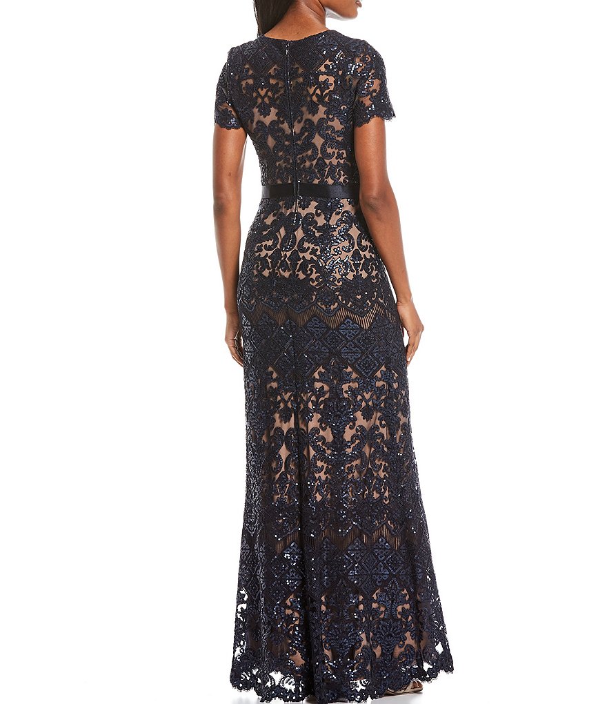 Tadashi Shoji Illusion Crew Neck Short Sleeve Ribbon Waist Sequin Lace Gown