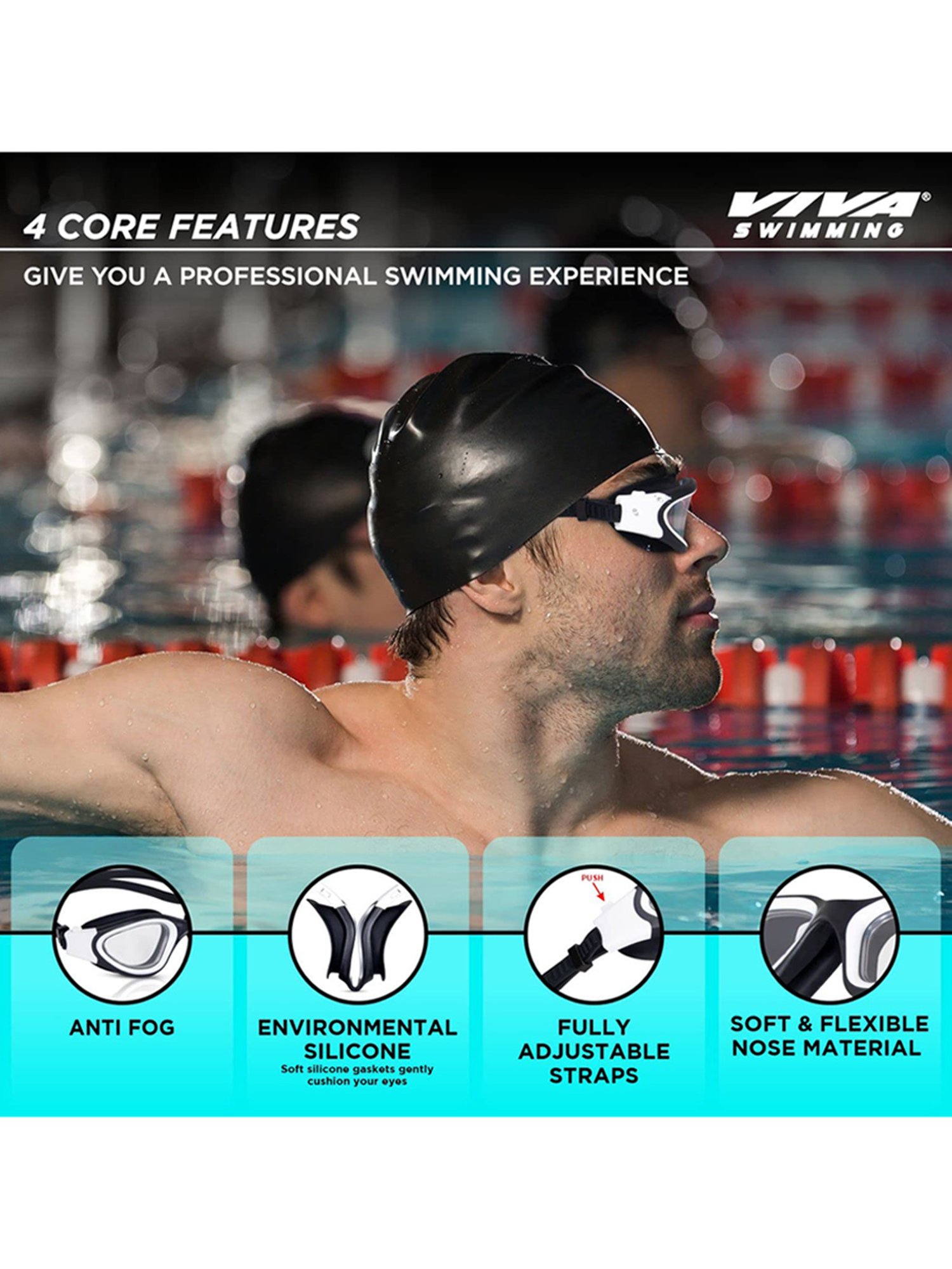 Viva Swimming Atlanta Anti-Fog, UV Protection Swimming Goggles (Black & White)