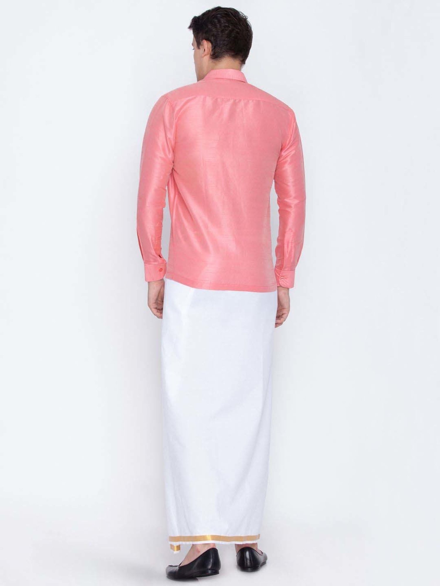 Vastramay Pink & White Regular Fit Ethnic Shirt With Mundu