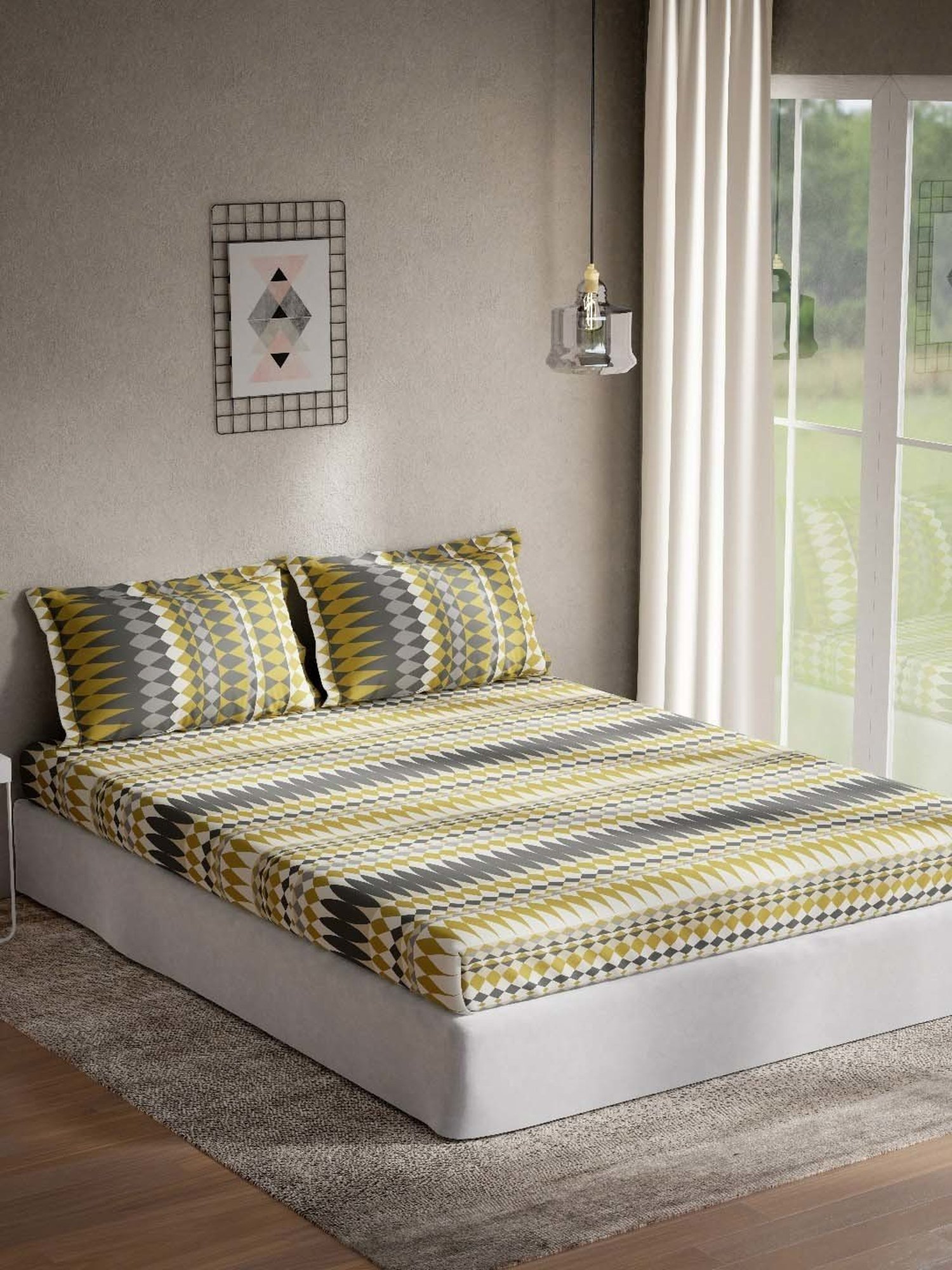 DDecor Geometric Grey 144 TC Cotton Queen Bedsheet with 2 Pillow covers