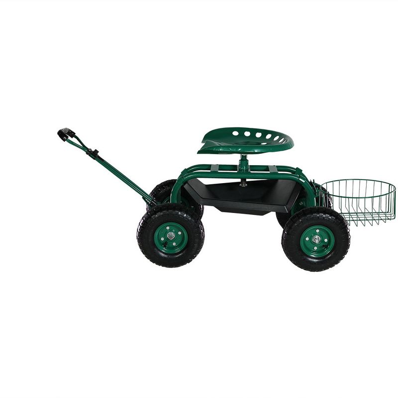 Sunnydaze Outdoor Lawn and Garden Heavy-Duty Steel Rolling Gardening Cart with Extendable Steer Handle, Swivel Chair, Tool Tray, and Basket - Green