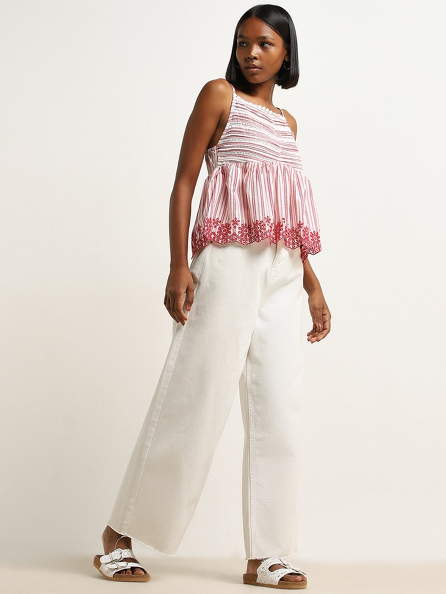 Bombay Paisley by Westside Red Stripe Printed Cotton Blend Top