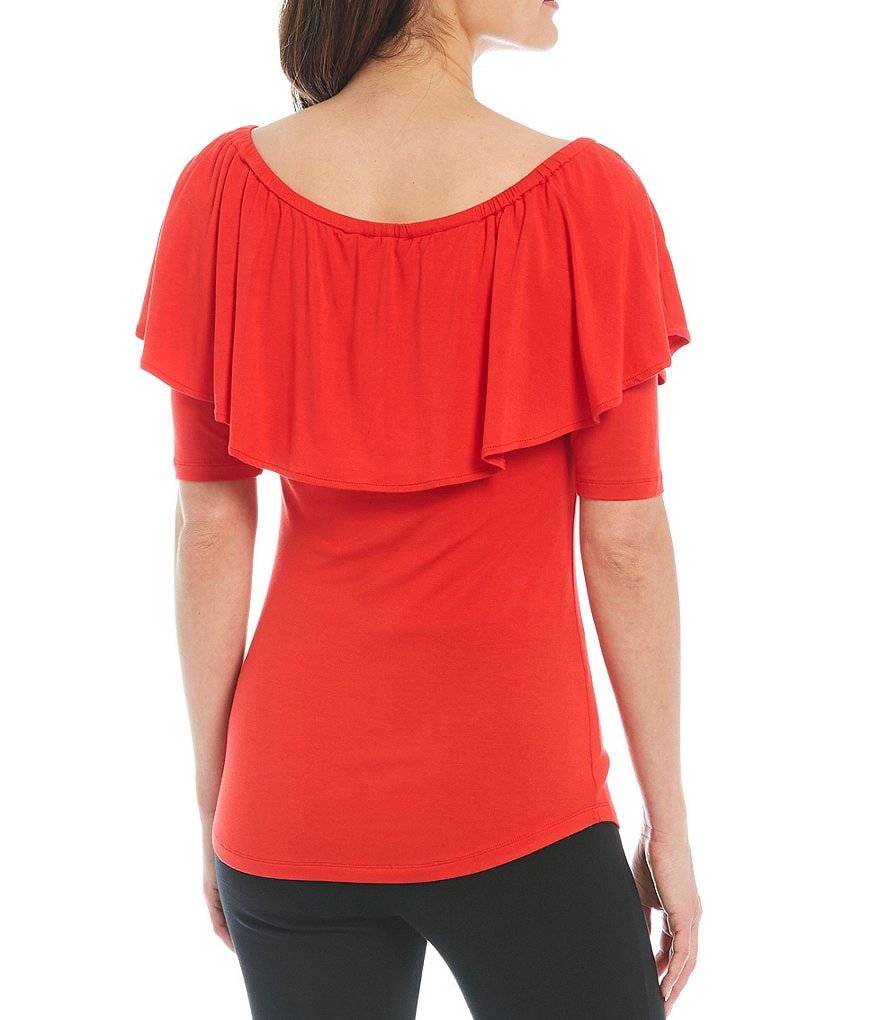 Donna Karan New York Jersey Tie Front Convertible Off-the-Shoulder Short Sleeve Tier Top