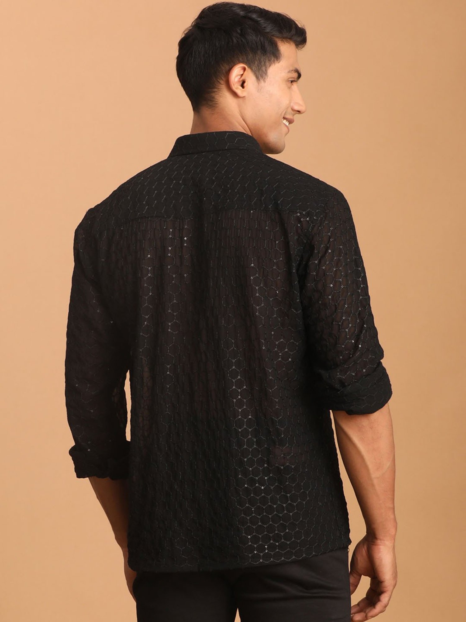 VASTRAMAY Black Regular Fit Embellished Shirt