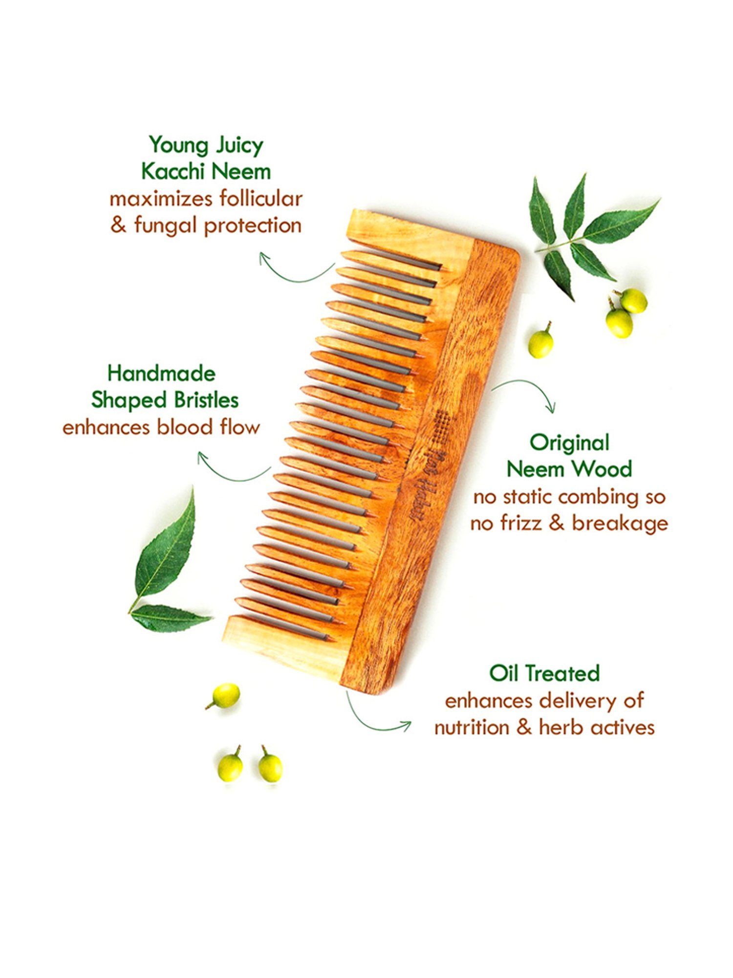 Nat Habit Kacchi Neem Wooden Wide Tooth Comb - Large