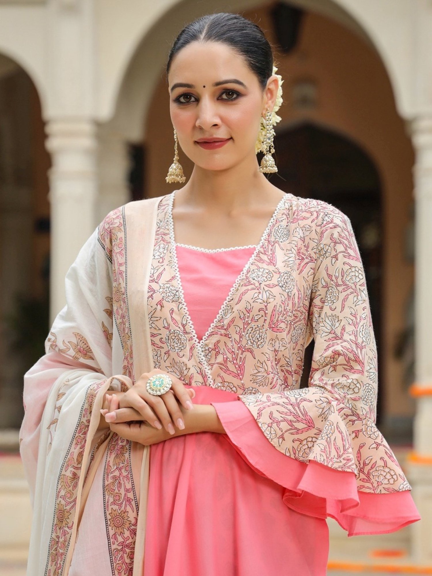 Rain and Rainbow Pink & Beige Cotton Floral Print Kurta Palazzo Set With Dupatta