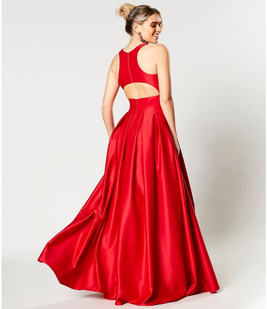 Morgan & Co. Sleeveless Racer-Back Pleated Satin Ball Gown
