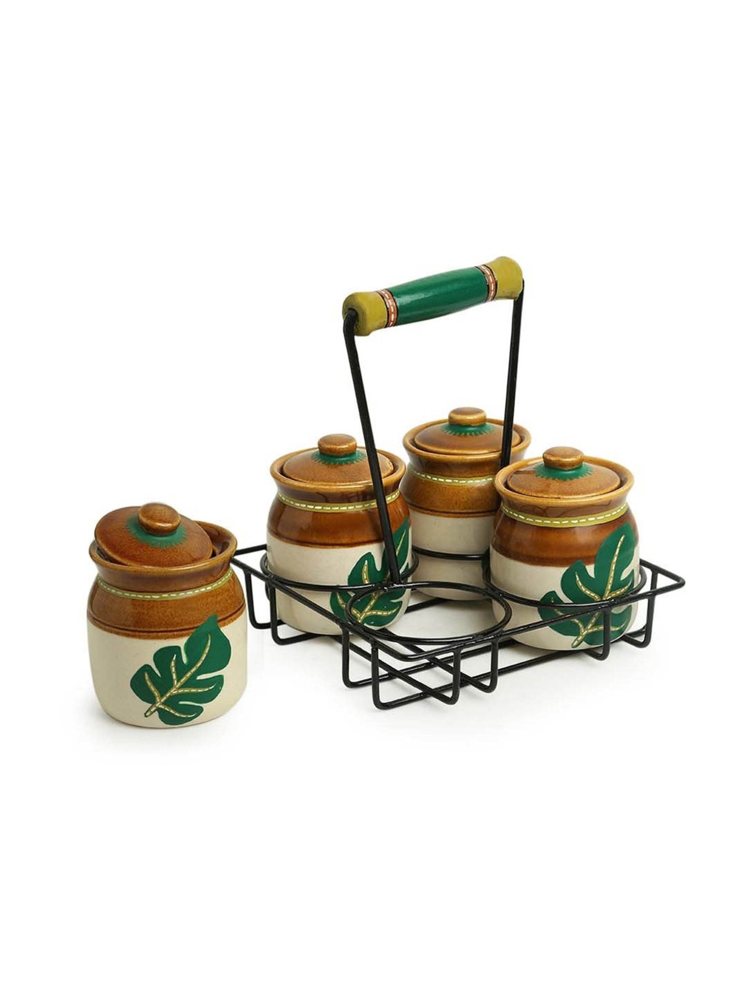 ExclusiveLane Shades of a Leaf Brown & Green Ceramic Multi-Purpose Jars - Set of 4 (0.22 L)