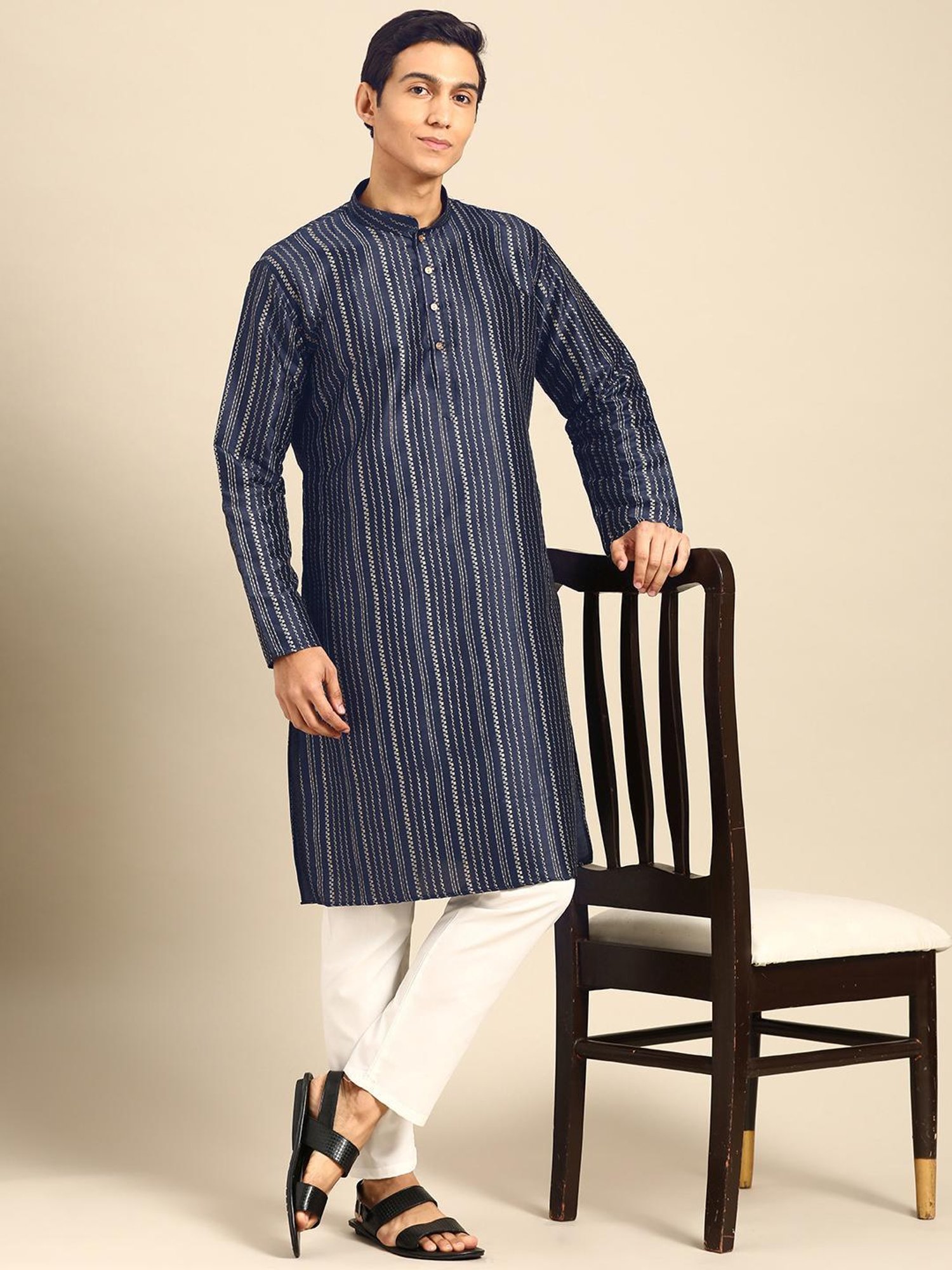 ManQ Navy & White Regular Fit Printed Kurta Bottom Set