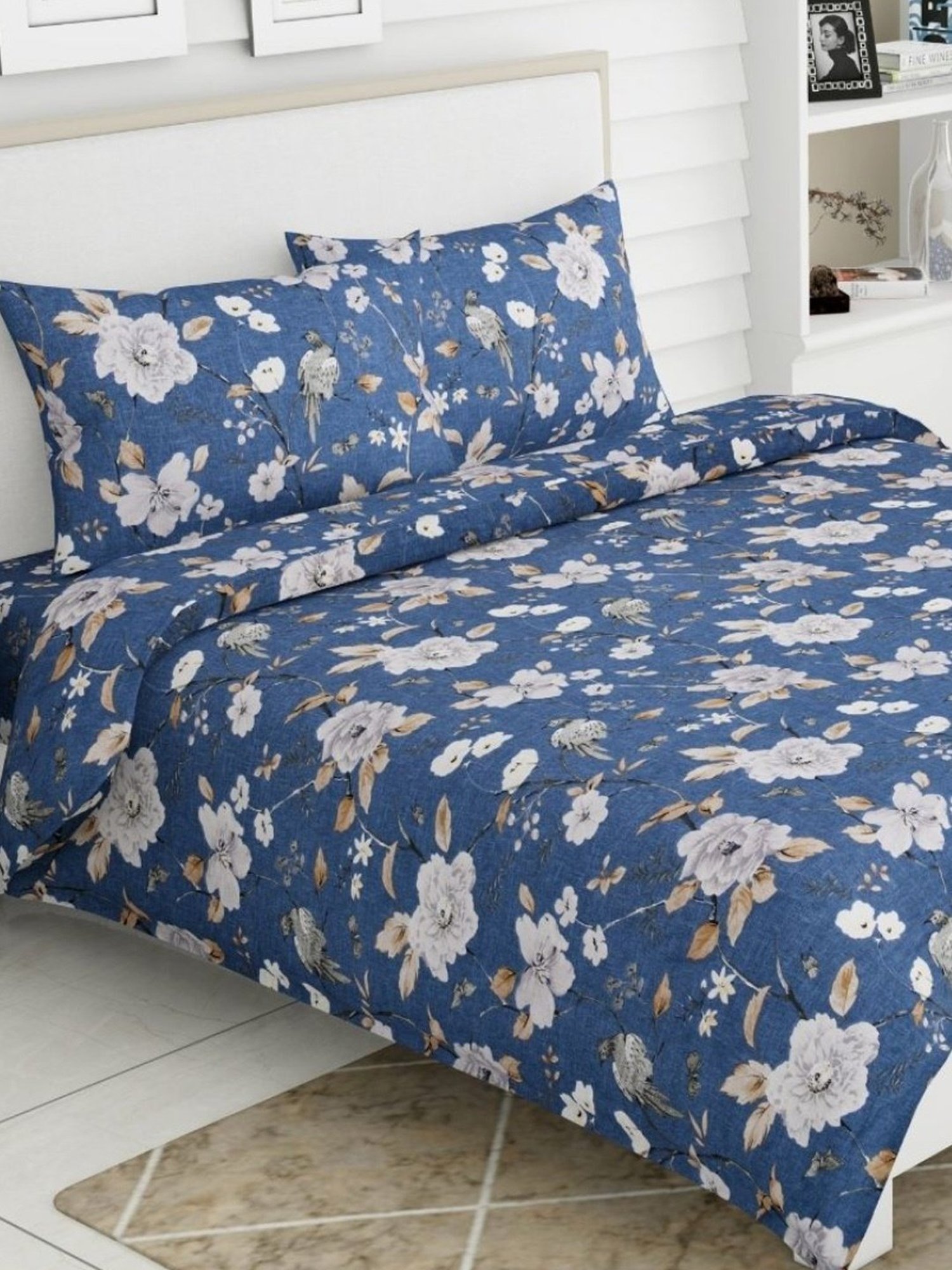 Haus & Kinder Spanish Floral Patio Navy Blue 186 TC Cotton King Bed Sheet with 2 Pillow Covers