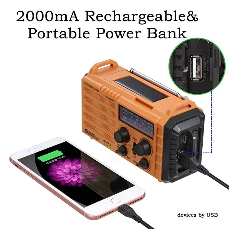 Weather Radio for Household Outdoor Emergency Portable AMFM SW Radio 5 Way Powered SolarHand Crank2000mAh Rechargeable Power BankUSB Charger LED Flashlight Reading Lamp Compass Strap
