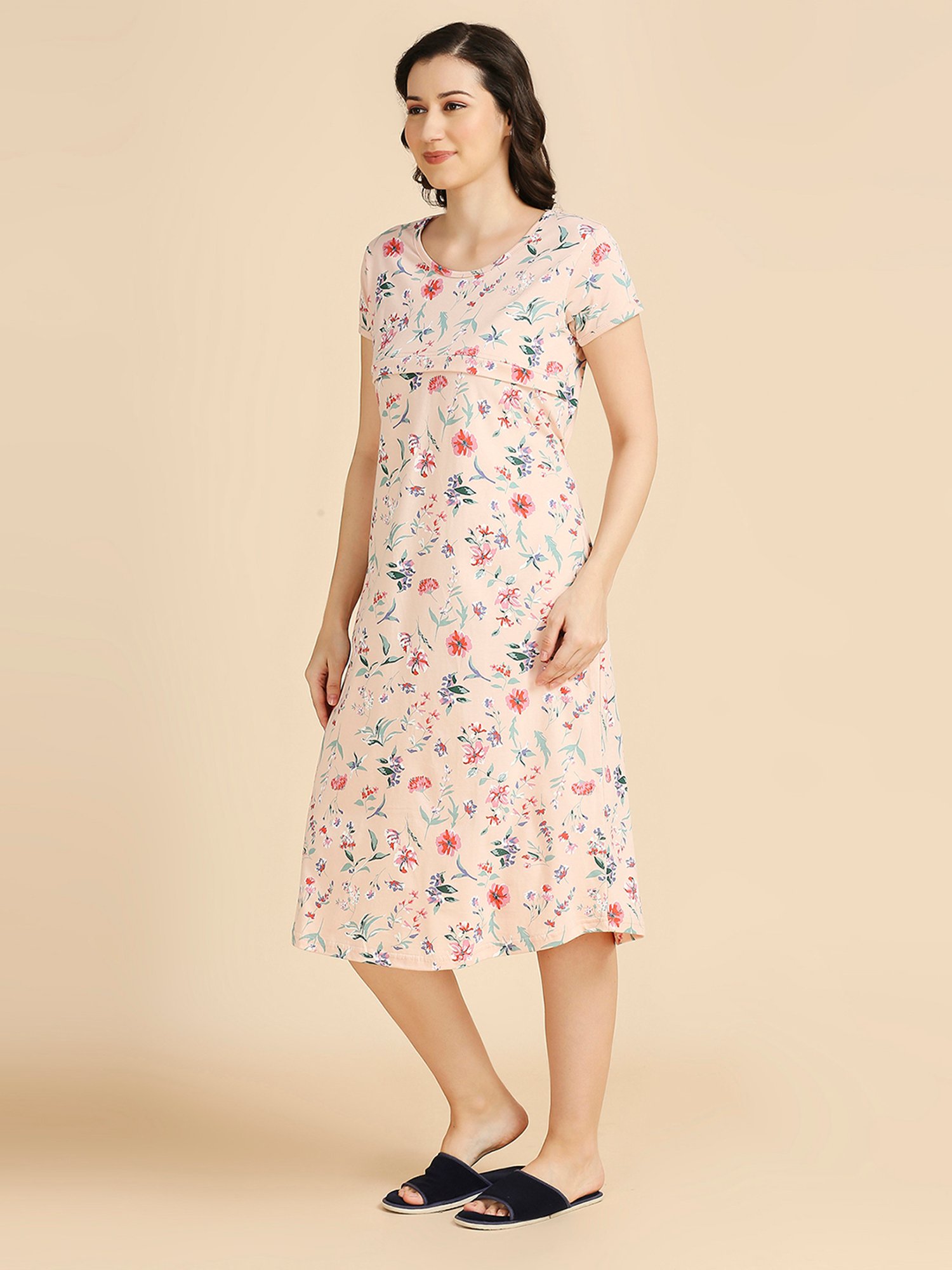 MomToBe Light Peach Cotton Floral Print Feeding Nighty