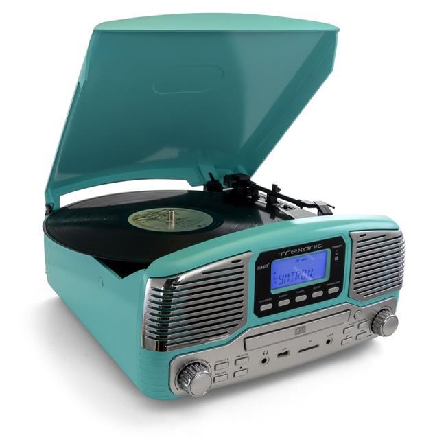 Trexonic TRX-16TRQ Retro Wireless Bluetooth, Record & CD Player in Turquoise
