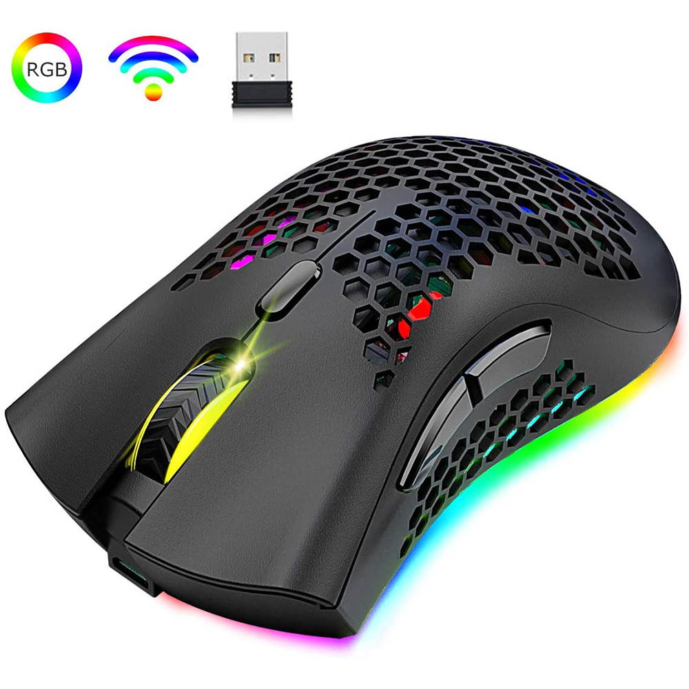 Wireless Lightweight Gaming Mouse Honeycomb with 7 Button Multi RGB Backlit Perforated Ergonomic Shell Optical Sensor Adjustable DPI Rechargeable 800 mAh Battery USB Receiver for PC Mac Gamer