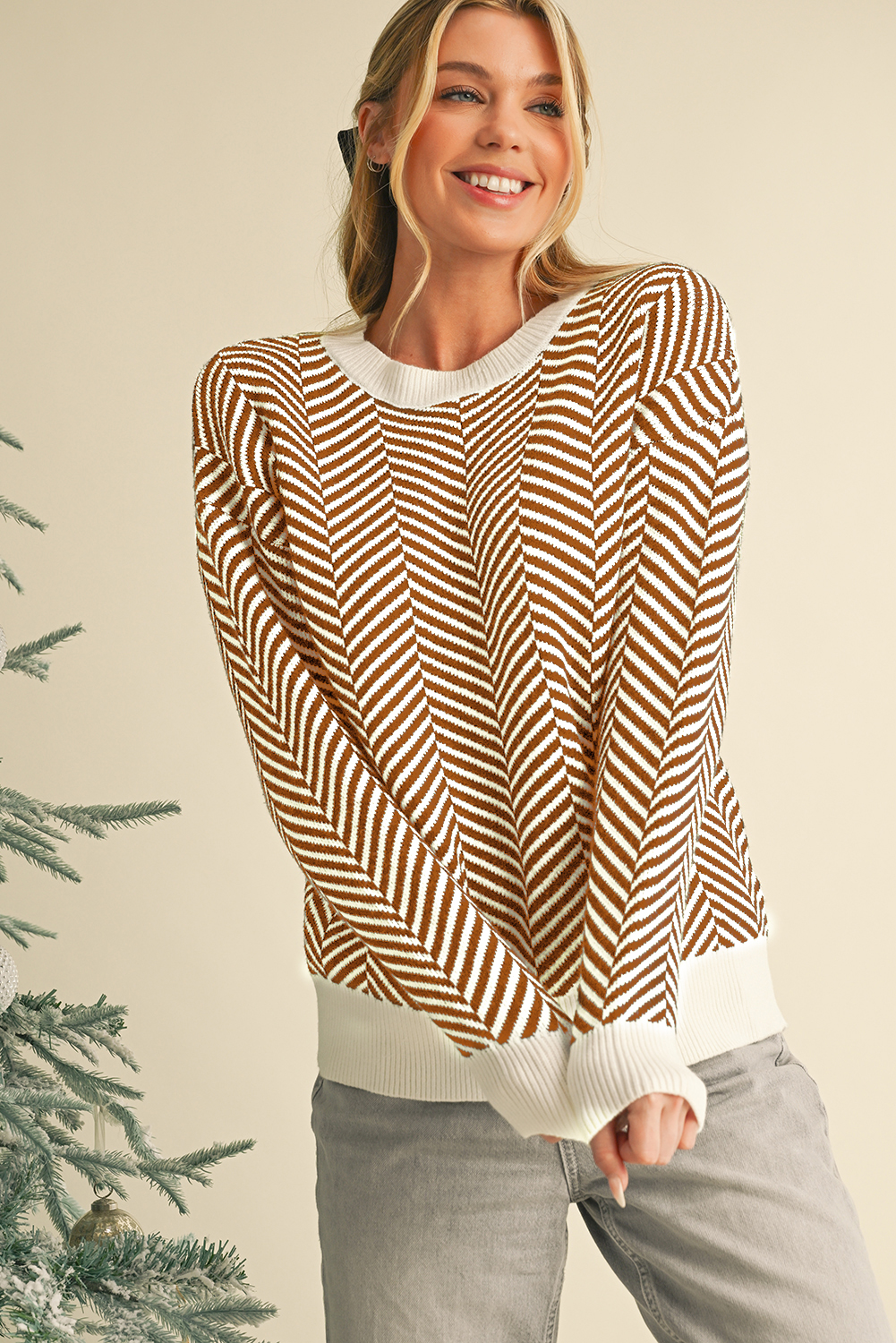 Coffee Stripe Contrast Edge Crew Neck Drop Shoulder Sweater