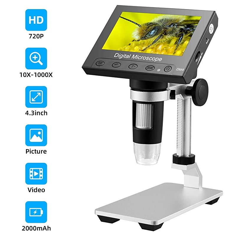 LCD Digital USB Microscope 4.3 Inch 10X-1000X Magnification Zoom, 8 LED Adjustable Light, Rechargeable Lithium Battery Camera Video Recorder for Phone Repair Soldering Tool Children Lab Edu