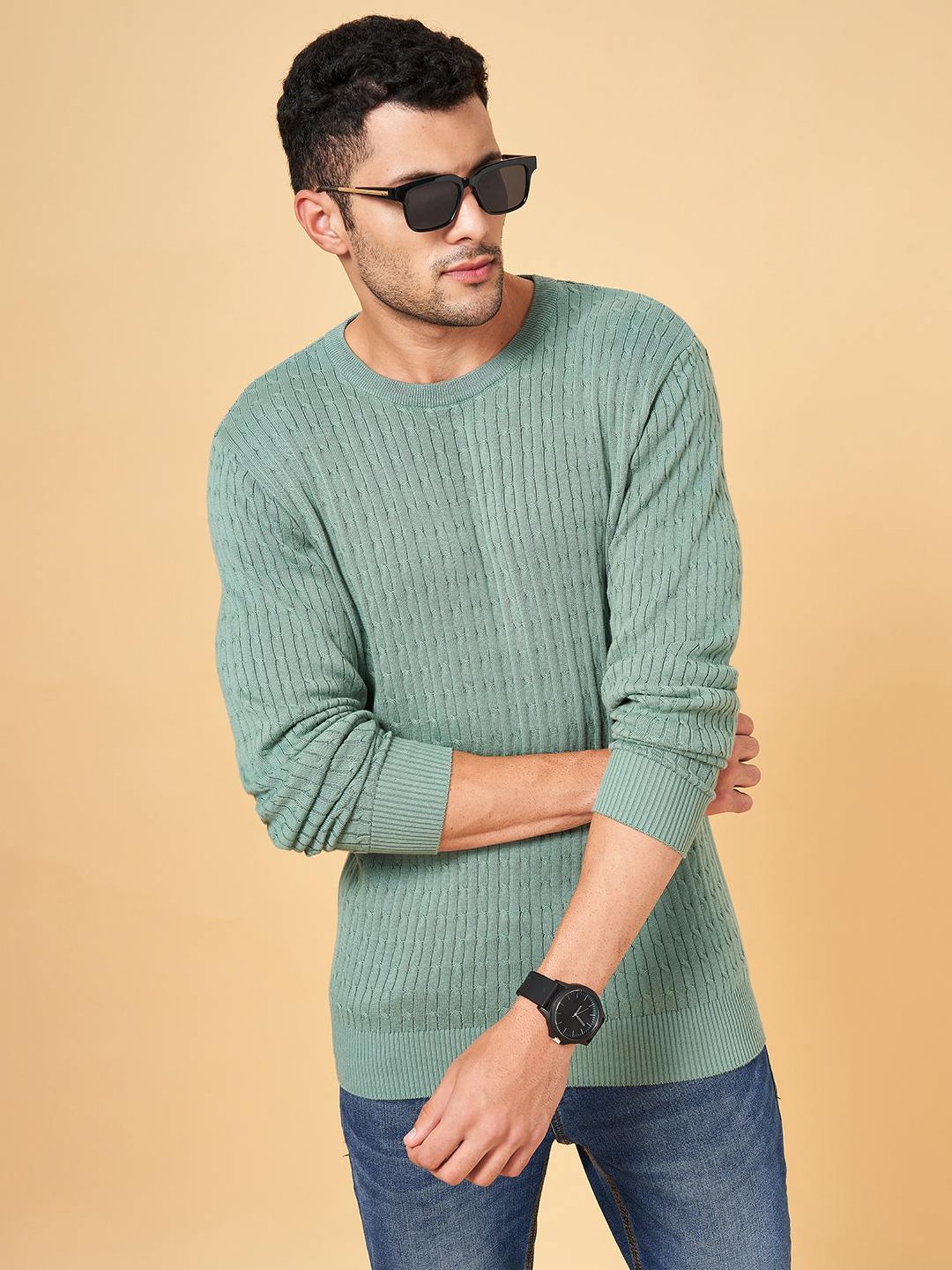 Byford by Pantaloons Green Cotton Slim Fit Self Pattern Sweater