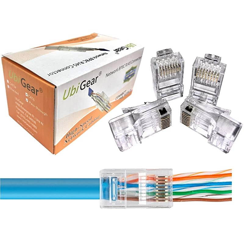 100 Pcs CAT6 RJ45 Pass Through 23 AWG Network Cable Modular GoldPlated Plug 8P8C Connector End