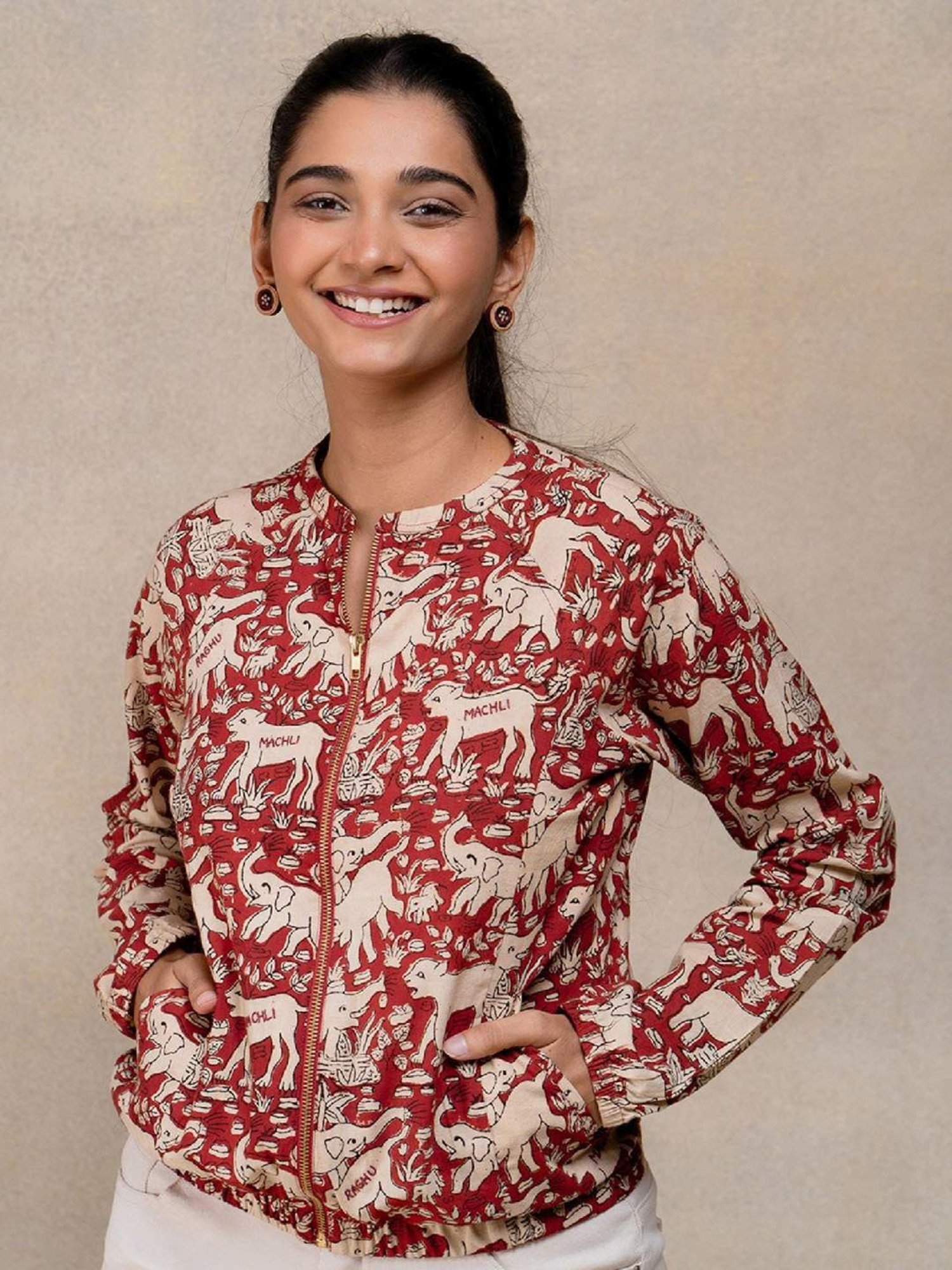 Okhai Red Animal Print Pure Cotton Casual Jacket