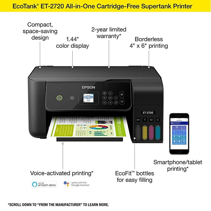 EcoTank ET-2720 Wireless Color All-in-One Supertank Printer with Scanner and Copier - Black