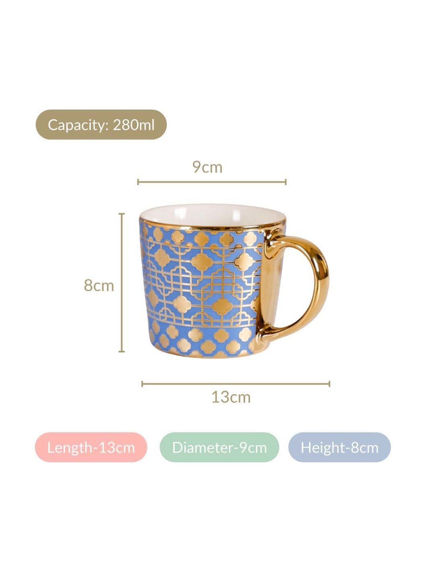 Nestasia Lavish Tea Cup Set Of 6 Microwave-Safe Blue Ceramic Coffee Mugs 280ml