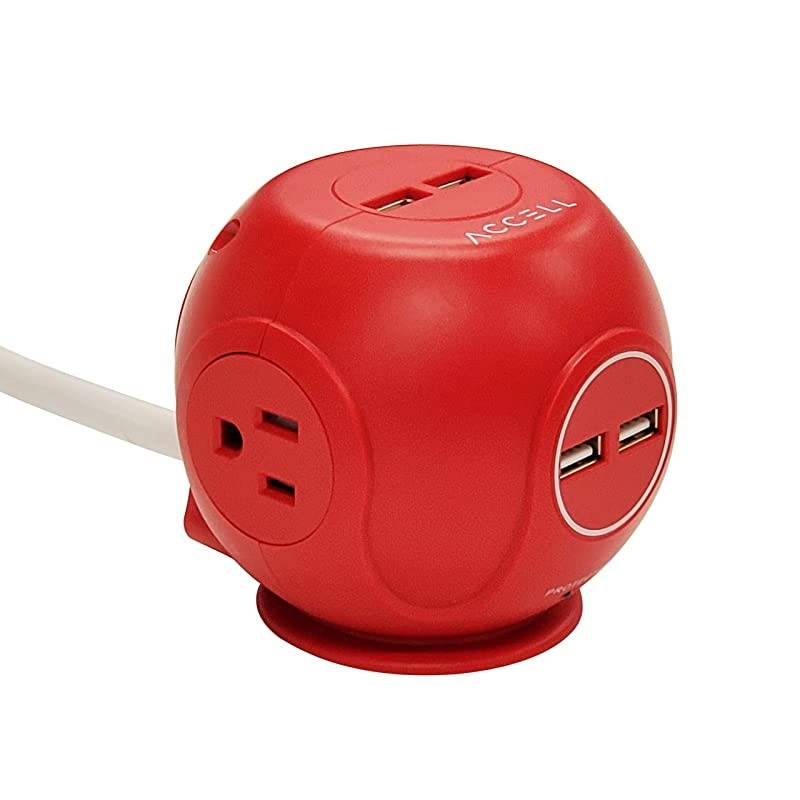 Power Cutie Compact Surge Protector with 3 Tamper Resistant 540J Surge Protected AC outlets and 4 USBA Charging Ports 6ft Cord Red