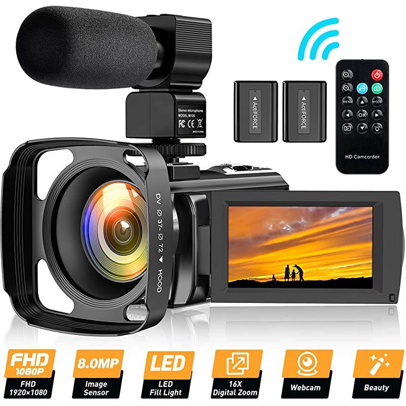 Camera Camcorder YouTube Vlogging Camera Recorder FHD 1080P 24.0MP 3.0 Inch 270 Degree Rotation Screen 16X Digital Zoom Camcorder with Microphone,Remote Control,Lens Hood and 2 Batteries