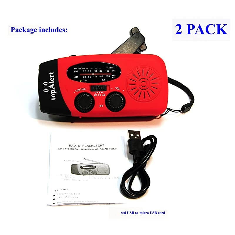 Version] 2-Pack HY-88WB Emergency Dynamo Solar Self Powered AM/FM/WB(NOAA) Radio, Stronger Replaceable 2000mAh Lithium-ion Battery, Flashlight, Charger for Smartphones and USB Devices