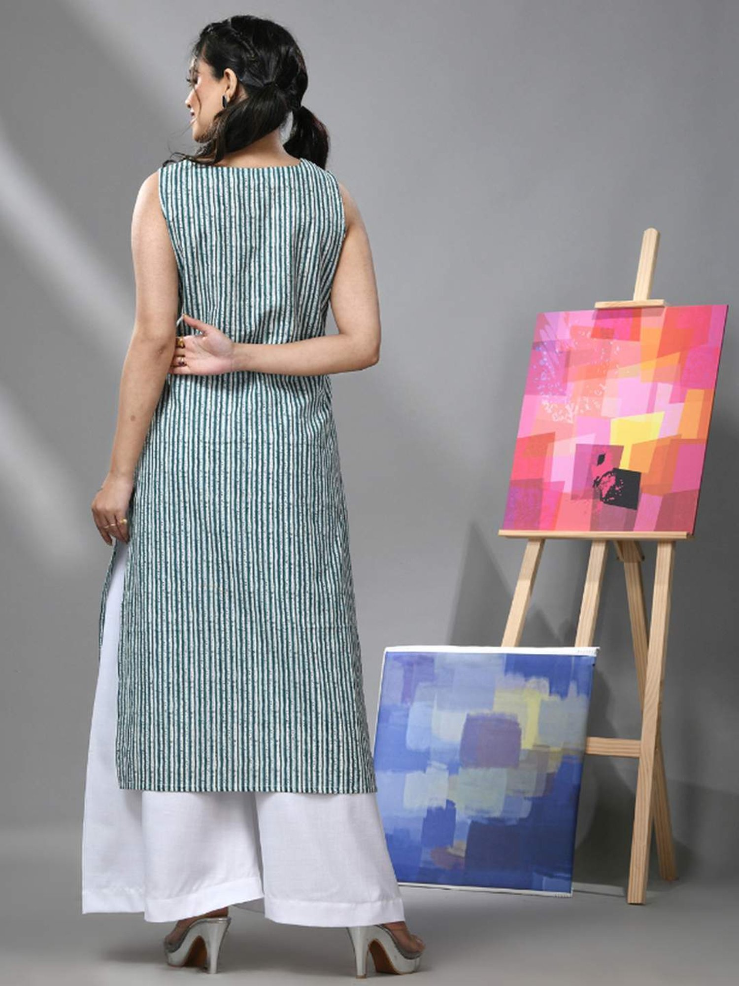CHARUKRITI Blue & White Cotton Printed Kurta Palazzo Set