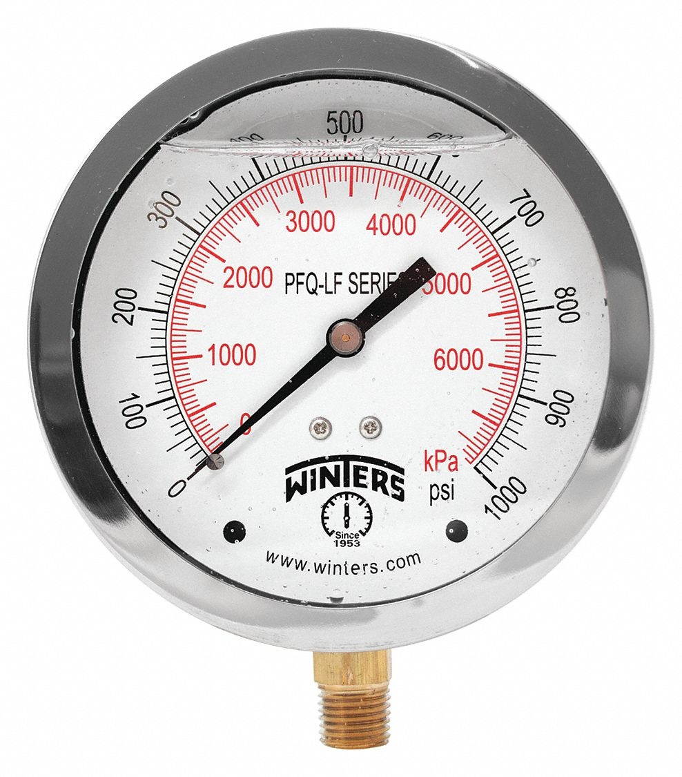 WINTERS PFQ724LF Gauge,Pressure,4in.,0 to 1000 psi
