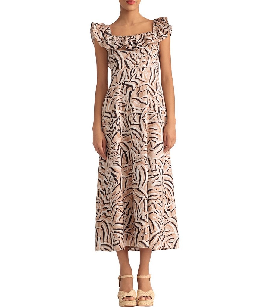 Donna Morgan Ruffle Square Neck Zebra Motif Linen Midi Dress