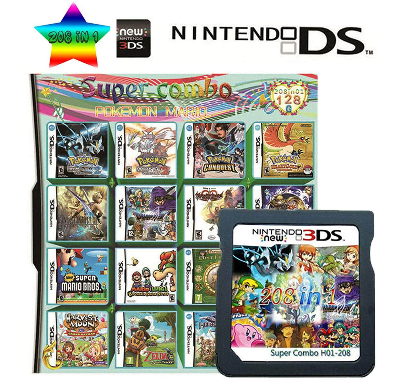 208 in 1 Game Cartridge Multicart, Game Pack Card Super ComboApply to Nintendo DS/NDS/NDSL/NDSi/3DS/2DS XL/LL
