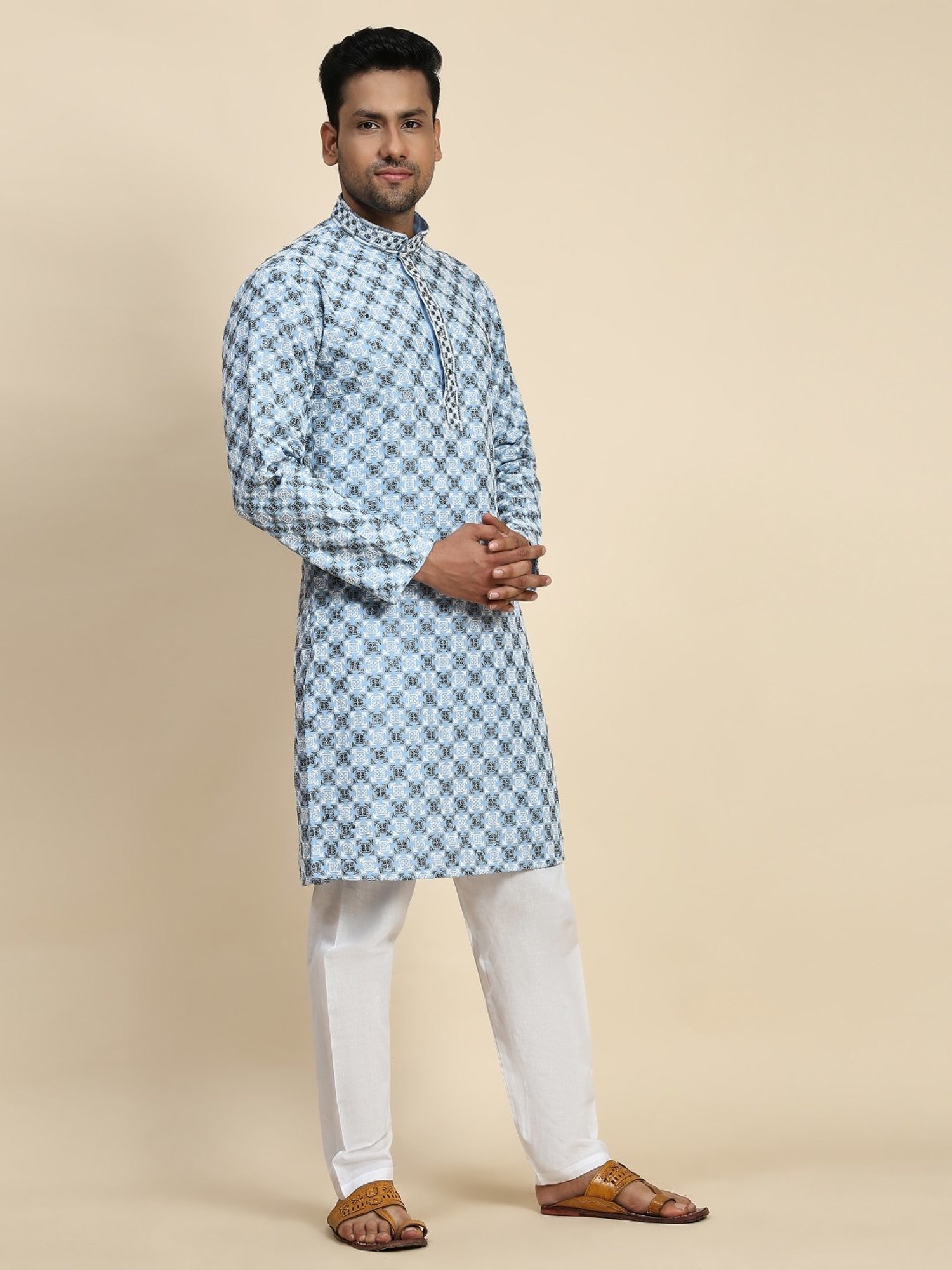 Pro-Ethic Style Developer Sky Blue & White Cotton Regular Fit Embellished Kurta Bottom Set