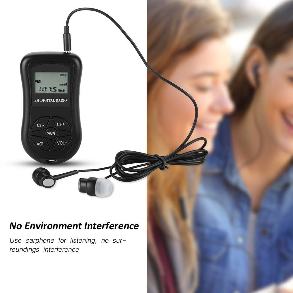 Black Mini Portable Pocket Digital Battery Powered FM Radio Receiver w/ Earphone