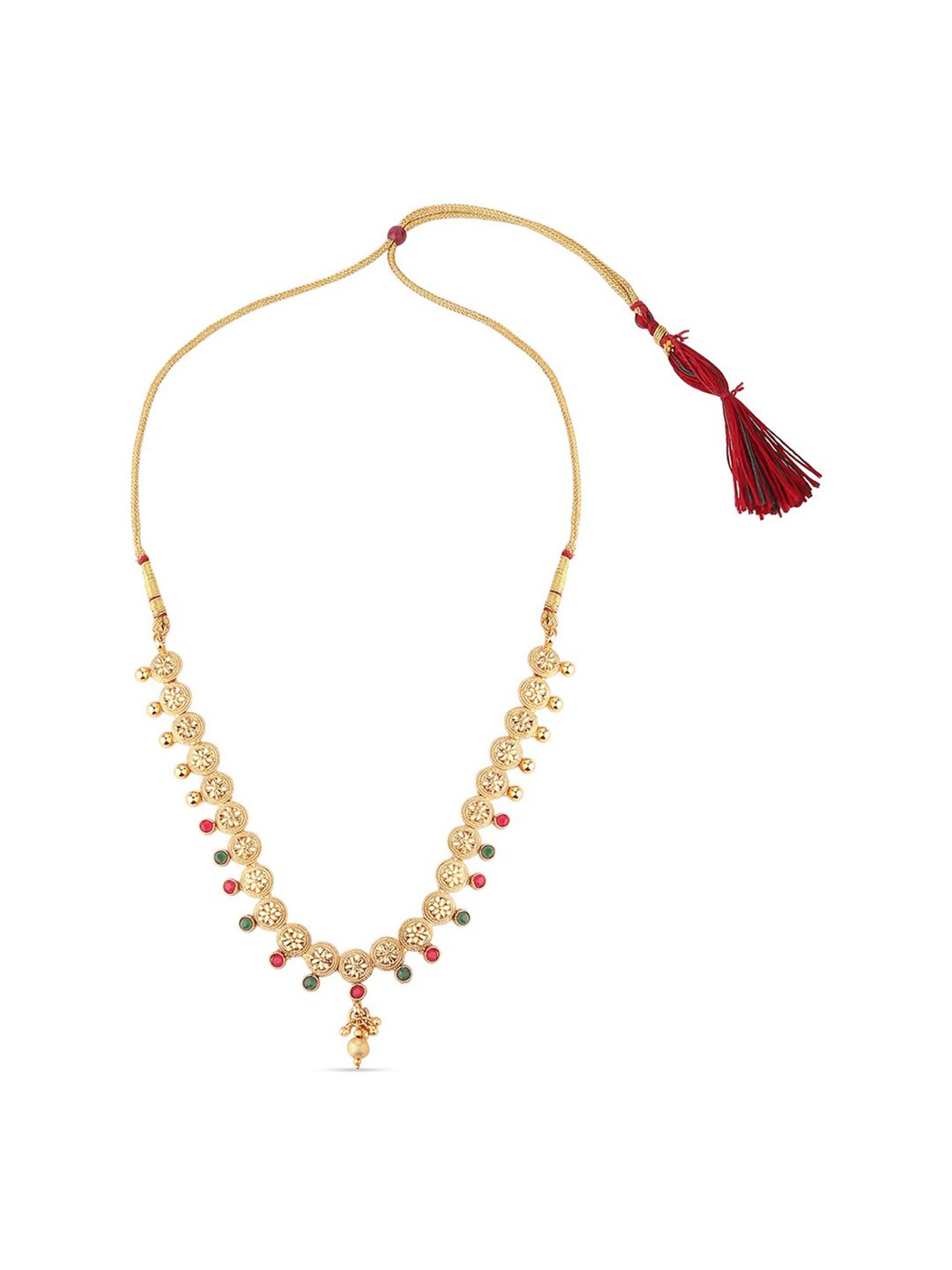 Fida Ethnic Gold-Plated Red & Green Stone Studded Floral & Ghungroo Temple Necklace Set for Women