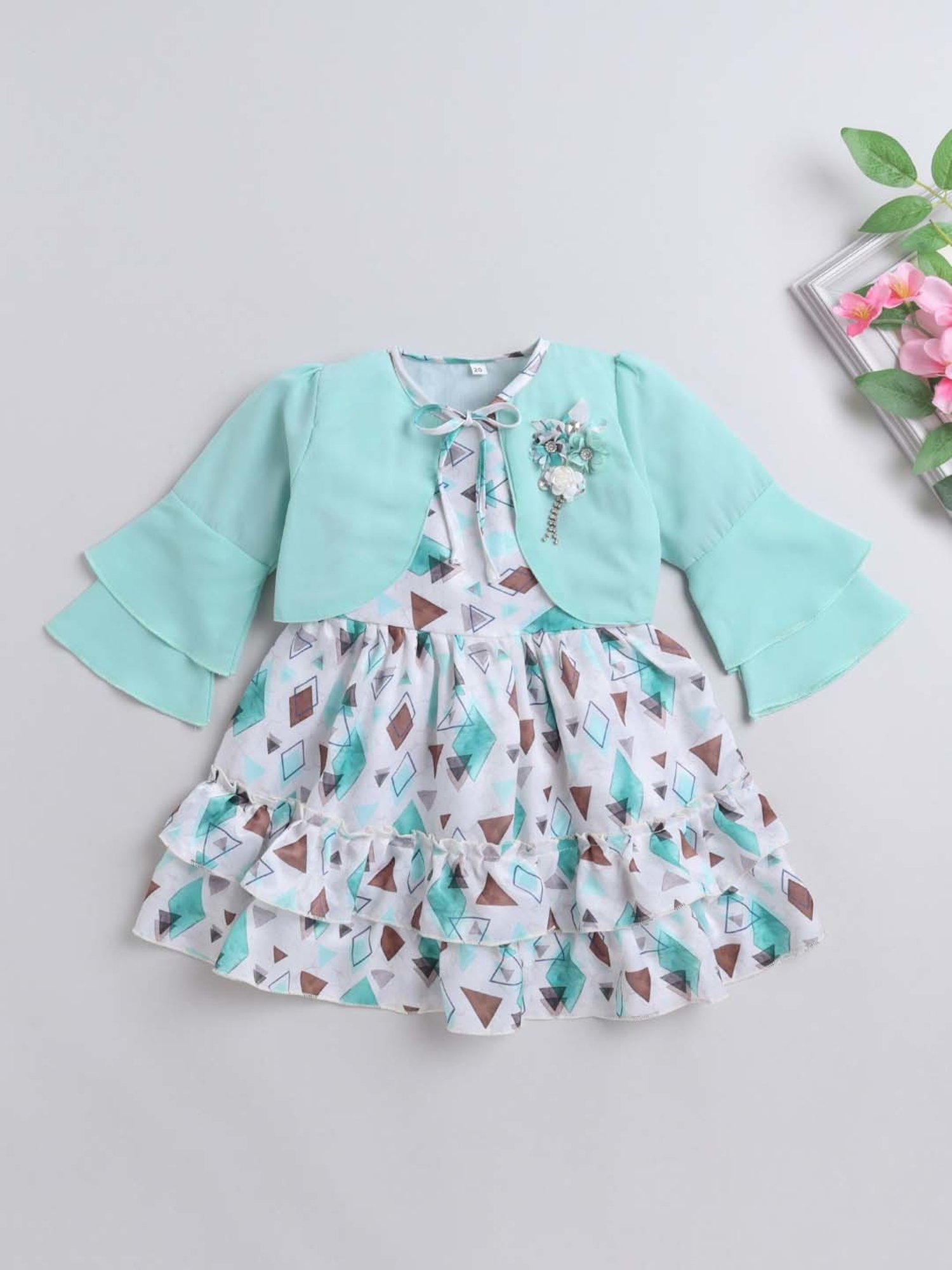 The Magic Wand Kids Aqua Blue & White Applique Dress with Shrug