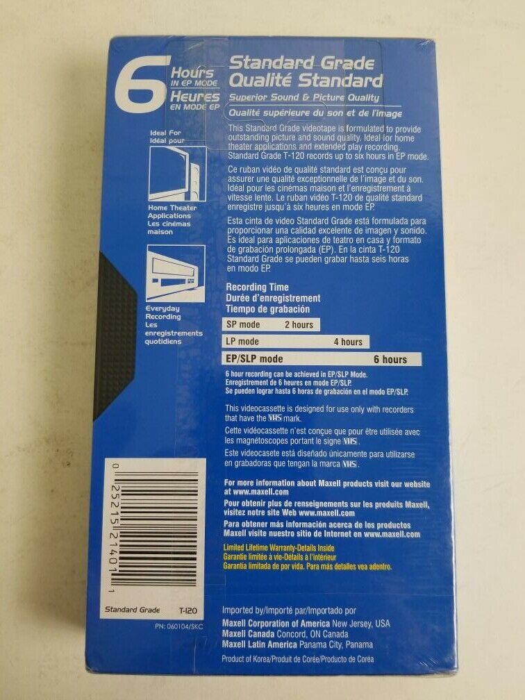 Maxell Standard Grade Video Quality 6 Hours In EP Mode Blank VHS Tape