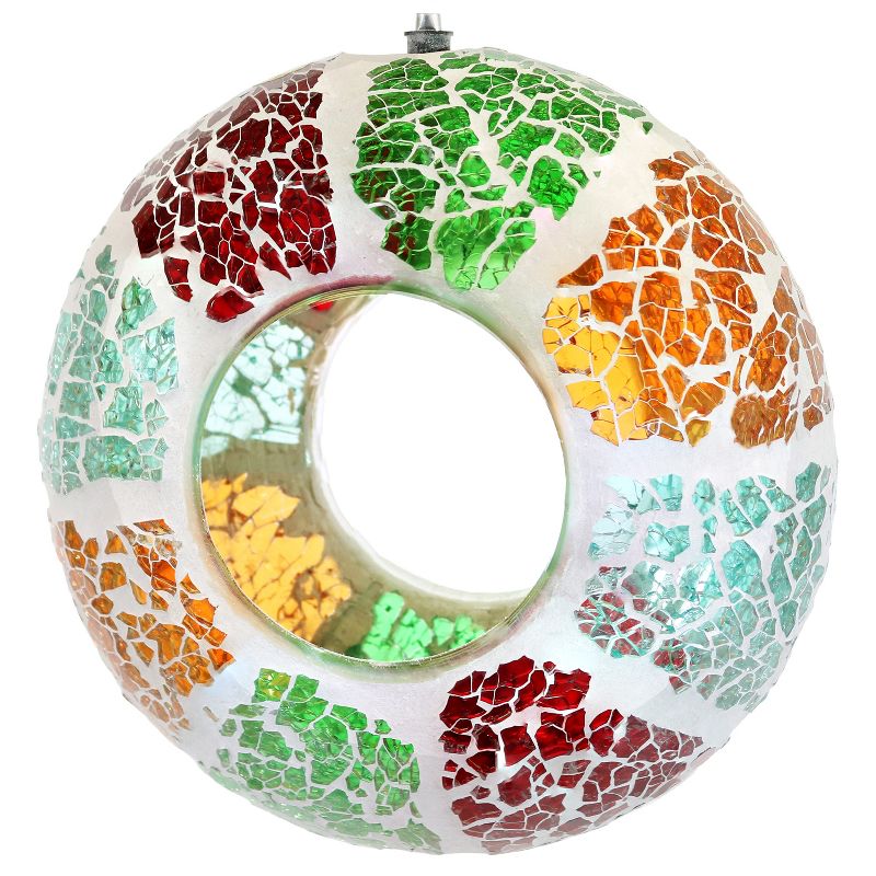 Sunnydaze Outdoor Garden Patio Round Glass with Summery Mosaic Design Hanging Fly-Through Bird Feeder - 6" - Red, Orange, Green, and Light Blue