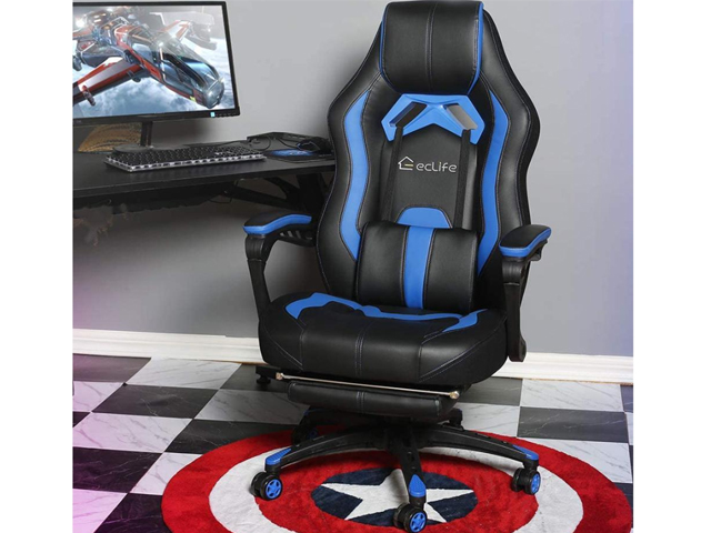 Gaming Chair Office Chair PC Chair with Massage Lumbar Support, Vantage Style PU Leather High Back Adjustable Swivel Task Chair with Footrest,Blue,GC26