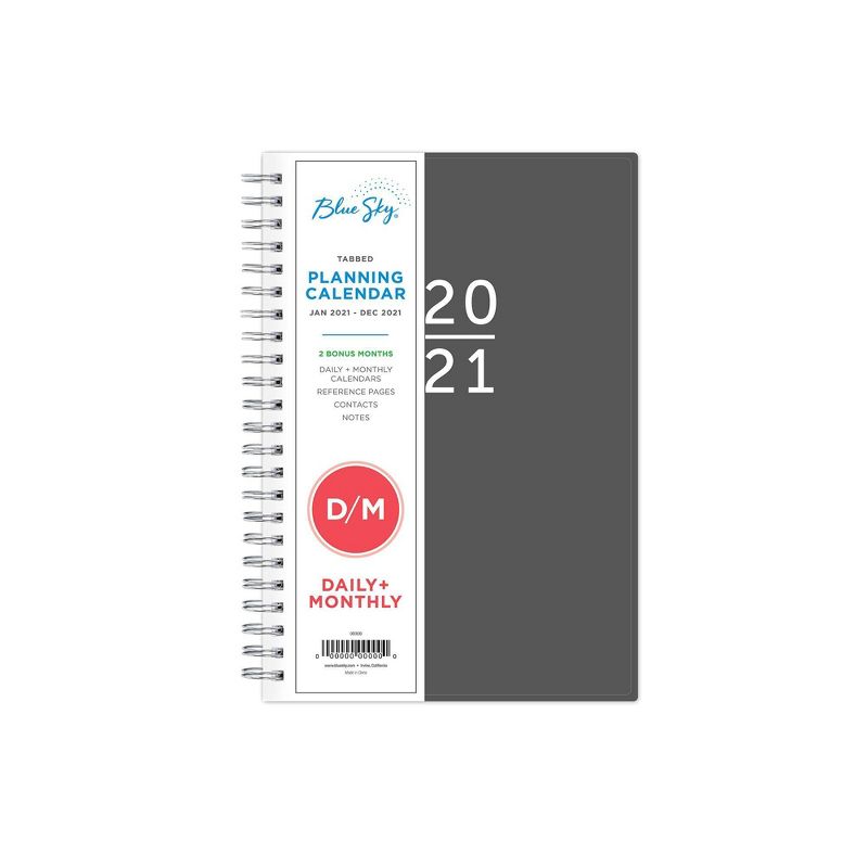 2021 Planner 5" x 8" Plastic Daily/Monthly Wirebound Charcoal - Blue Sky