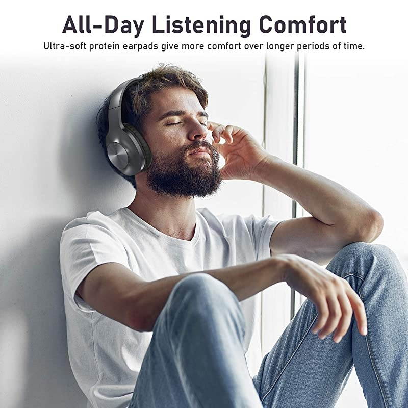 Bluetooth Headphones, 100 Hours Playtime Bluetooth 5.0 Headphones Over Ear with Deep Bass, Hi-Fi Sound and Soft Earpads, Built-in Mic, Wired/Wireless Headset for Home Office-Gray