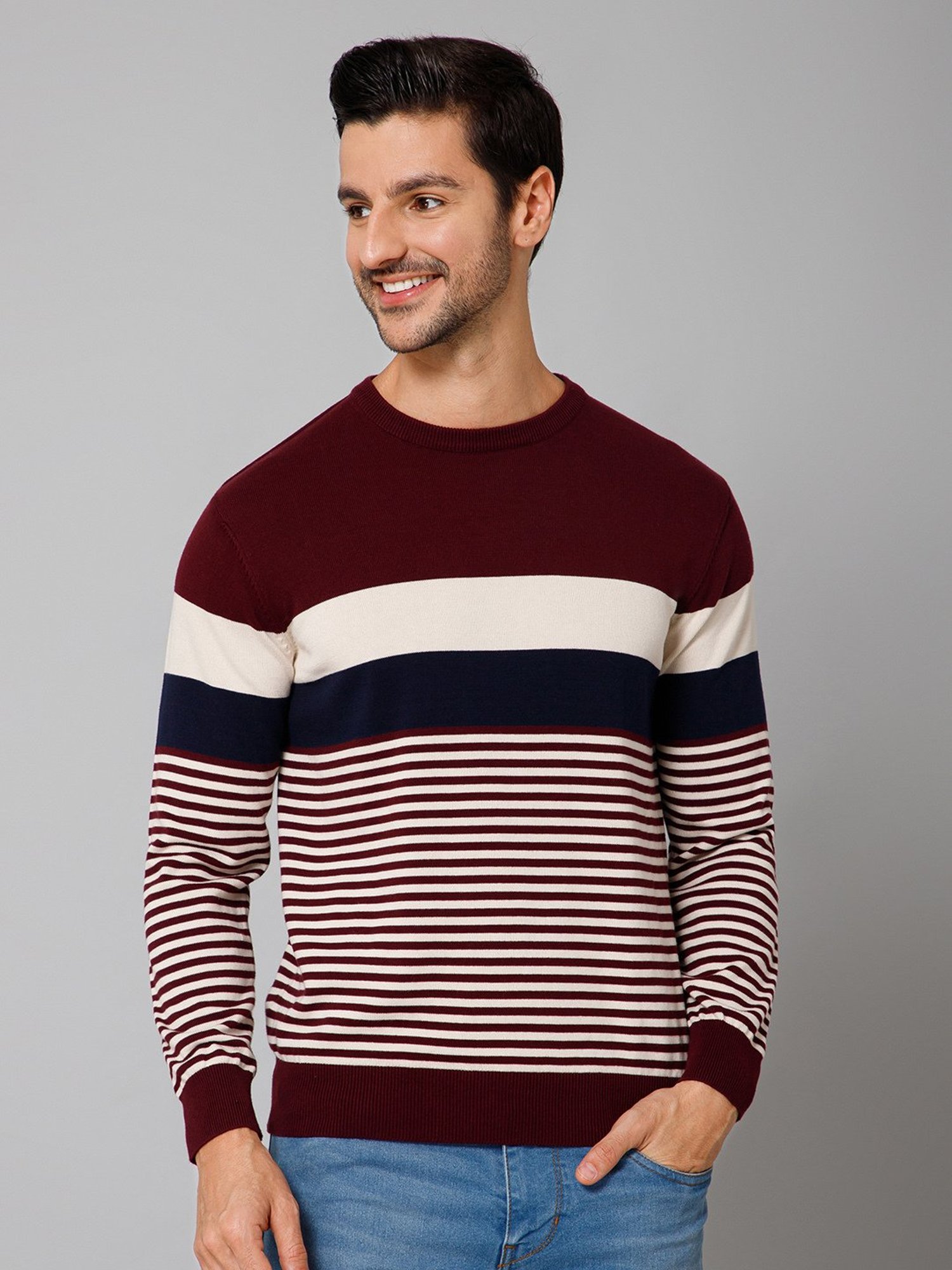 Cantabil Wine Regular Fit Striped Sweater