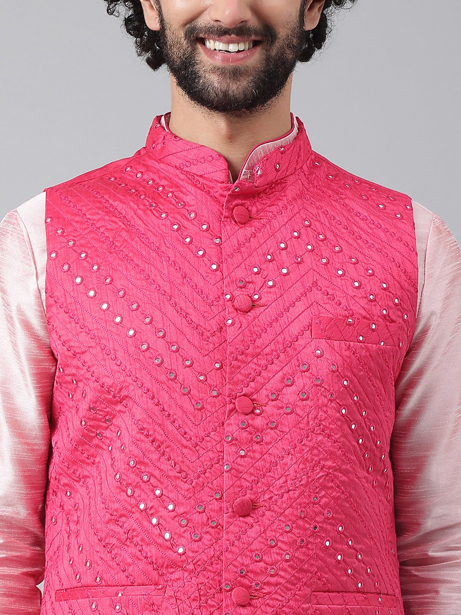 Hangup Plus Pink Regular Fit Kurta & Churidar Set With Nehru Jacket