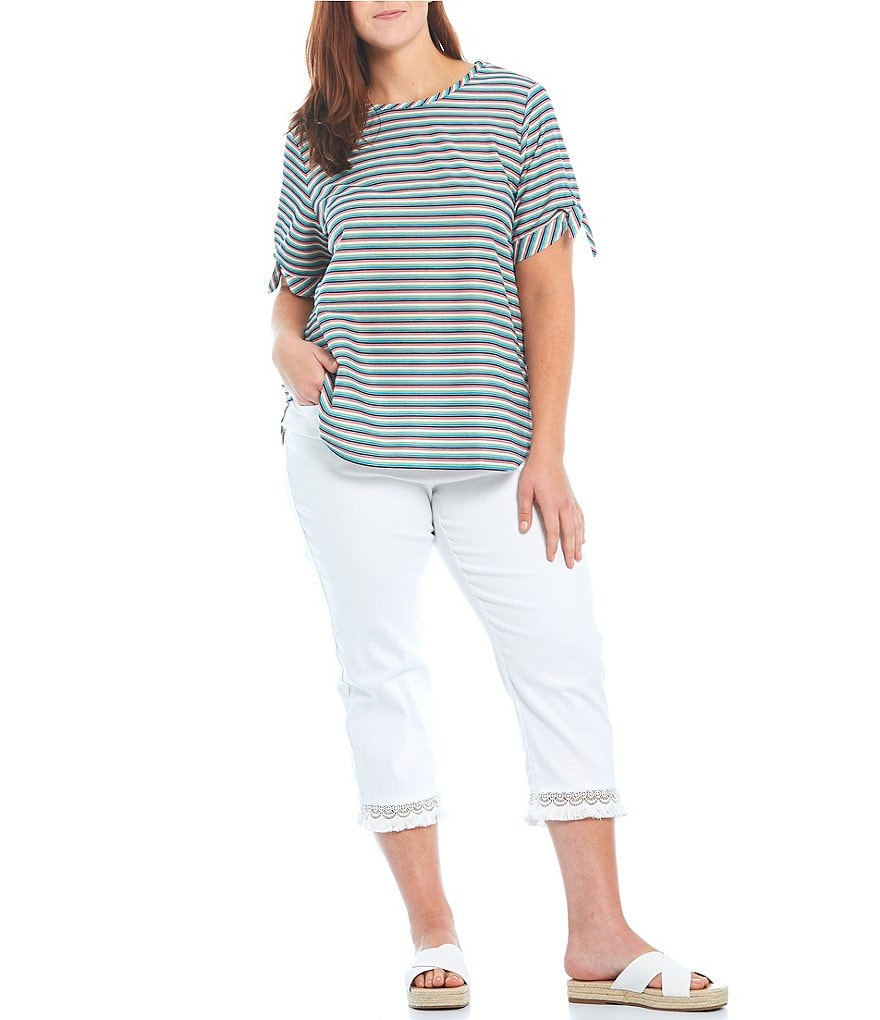 Ruby Rd. Plus Size Colorful Ottoman Stripe Tie Short Sleeve Scoop Neck Top