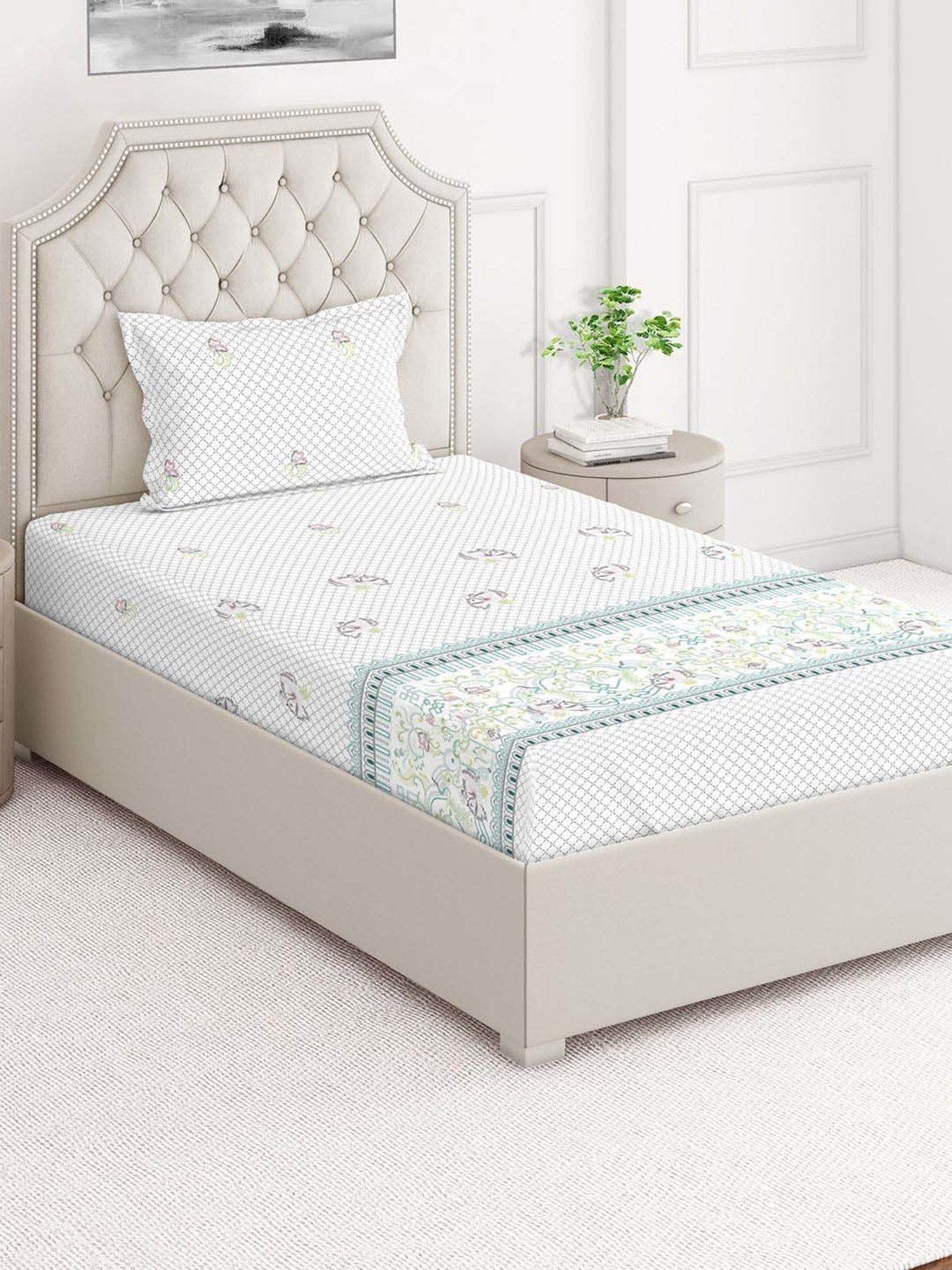 Layers Duracount White Cotton Blend 225 TC Single Size Bed Sheet with Pillow Cover