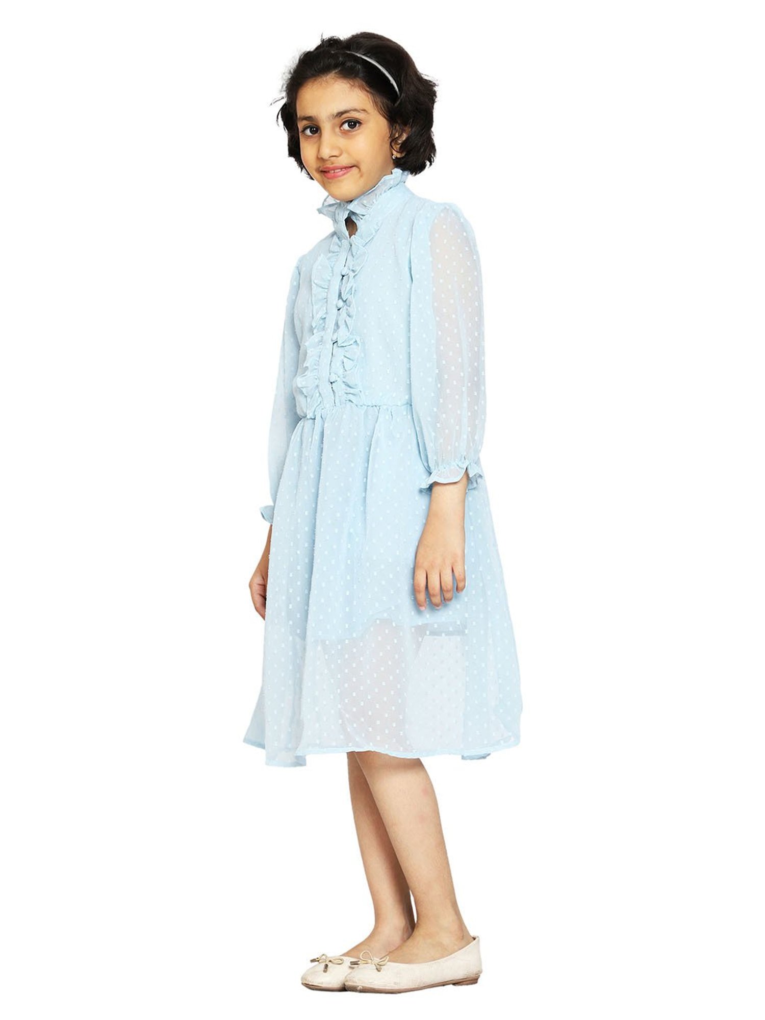 Kiddopanti Kids Blue Self Design Full Sleeves Dress