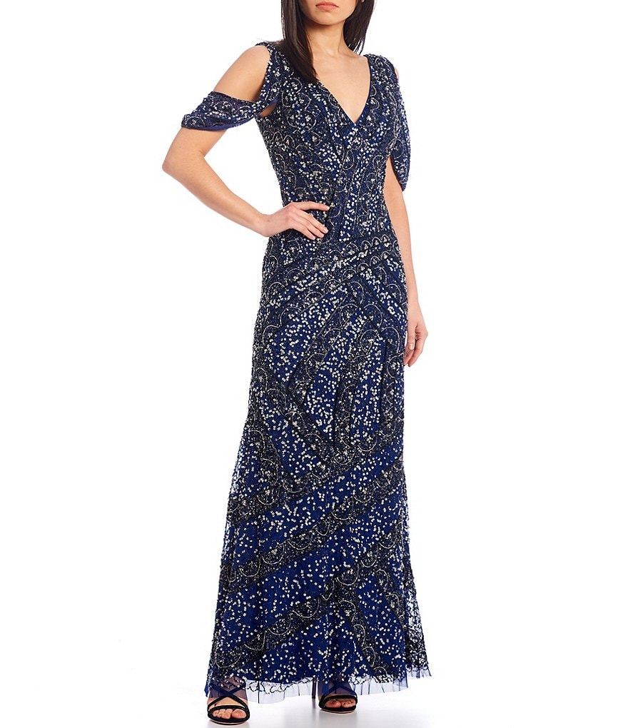 Aidan Mattox V-Neck Beaded Cold Shoulder Gown