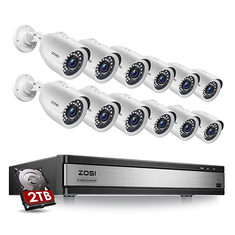 H.265+ 1080p 16 Channel Security Camera System, 16 Channel DVR Recorder with Hard Drive 2TB and 12 x 1080p Weatherproof CCTV Bullet Camera Outdoor Indoor with 80ft Night Vision, Motion Alerts