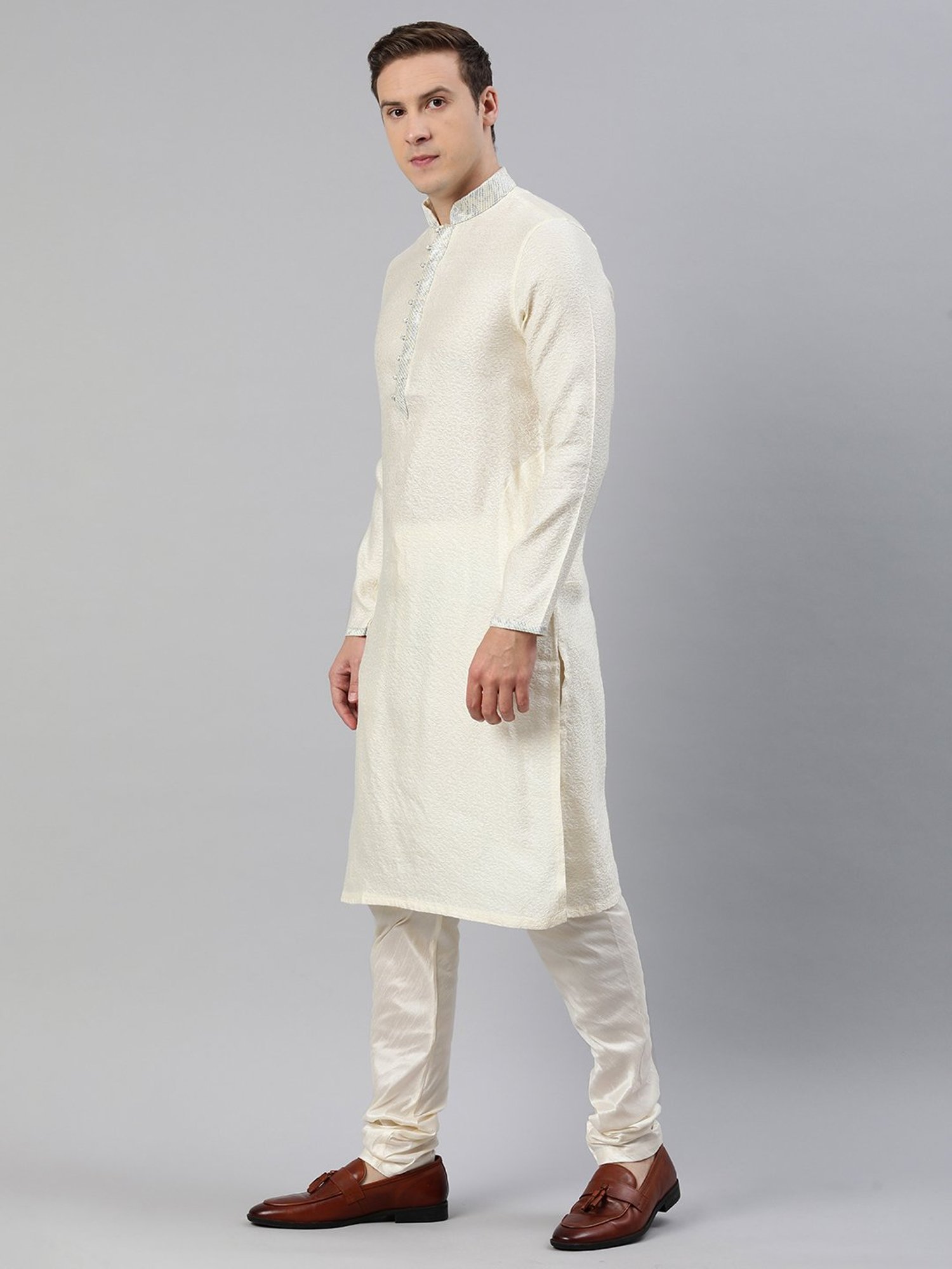 Manthan Cream Regular Fit Self Design Kurta & Pyjamas Set